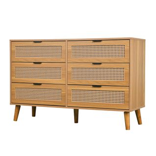 Commode En Rotin Et Bois 120x40x76,5 Cm Avec 6 Tiroirs, Poignées Et Pieds En Métal, Chêne Foncé