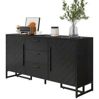 Buffet Moderne 145x40x75 Cm Avec 4 Portes Et 3 Tiroirs,  Élégant Et Minimaliste, Mdf Noir