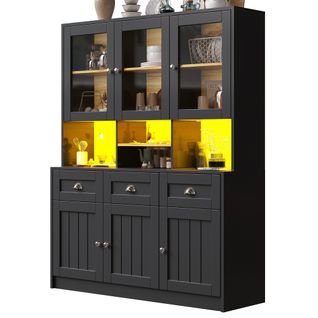Buffet De Cuisine Haut.175 Cm Noir Avec LED, Portes Acryliques Et 3 Tiroirs, Espaces De Rangement