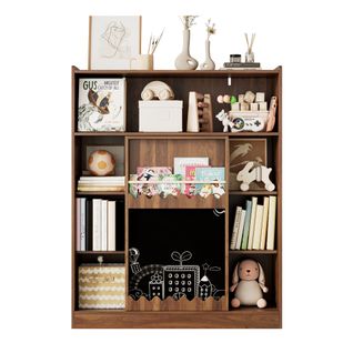 Bibliothèque Bois Enfant 4 Niveaux Avec Tableau Noir Mobile Et 9 Compartiments, Rangements Ouverts