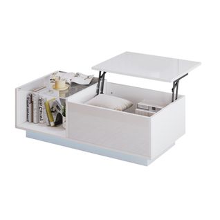Table Basse 100x50x33cm, LED Intelligent, Plateau Relevable, 2 Compartiment, En Pb Et Verre, Blanc
