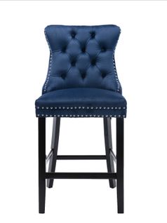 Tabouret De Bar En Velours 49,5 X 60 X 103,5 Cm, Lot De 2, Pieds En Bois, Bleu