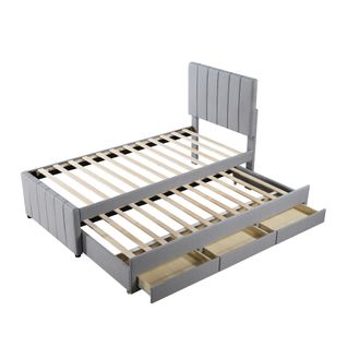 Lit Gigogne Enfant 90x190cm, Lit De Rangement, 3 Tiroirs, Lin+mdf, Couleur Gris