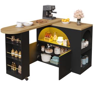 Table De Bar 135x39x100cm, 2 Portes, Moderne, LED, Roulette, Mdf+aggloméré, Noir+bois