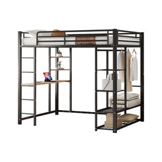 Lit Mezzanine Noir 140x200cm, 3 En 1, Bureau, Tringle, Échelle, Étagère, Compartiment, Mdf, Métal