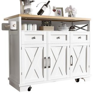 Îlot De Cuisine Extensible 118×43×98 Cm Avec 3 Tiroirs, Portes, Étagère, Roulettes, Mdf, Blanc