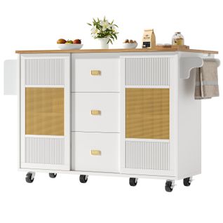 Îlot De Cuisine Extensible 146,85×42–70×90 Cm Avec 3 Tiroirs, Porte-serviette, Étagère, Mdf, Blanc