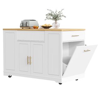 Desserte De Cuisine Blanche, Îlot à Roulettes Avec 3 Tiroirs, Étagères Réglables, Poubelle Intégrée