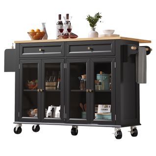 Desserte De Cuisine Noire, Îlot Noir Avec Roulettes, 4 Portes Vitrées, 2 Tiroirs Et Grand Rangement