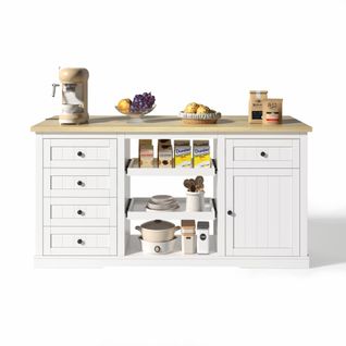 Buffet De Cuisine Blanc, Îlot Avec 4 Tiroirs, Ports USB, Plateau Pliant, Étagères Coulissantes