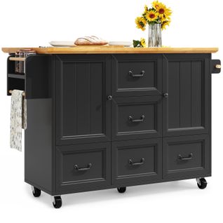 Desserte De Cuisine Noire Avec Grands Rangements, Plan Rabattable, 5 Roulettes Et 5 Tiroirs