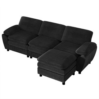 Canapé D'angle 3 Places - Modulable - Coussins Amovibles - Velours Côtelé - Noir