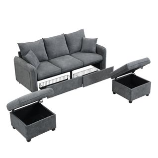 Canapé 3 Places - Modulable - Rangement - Chenille Doux - Gris