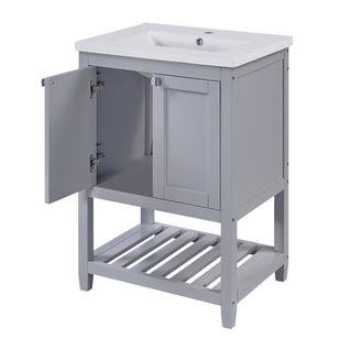 Meuble Sous-vasque Avec Vasque Céramique, Design Moderne En Pin Et Mdf, Gris