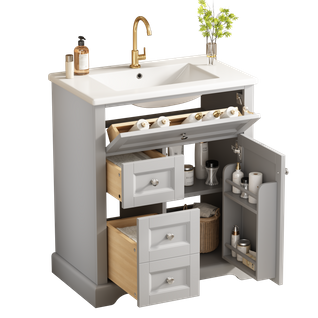 Meuble De Salle De Bain 1 Porte Et 3 Tiroirs Avec Lavabo Intégré Et Étagère Ajustable, Mdf, Gris