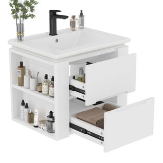 Meuble De Salle De Bain 2 Tiroirs Silencieux Avec Étagères Latérales Et Lavabo Encastré, Blanc