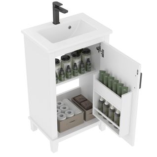 Meuble De Salle De Bain 1 Porte Avec Lavabo Encastré Et Étagère Ajustable, Mdf Et Céramique, Blanc