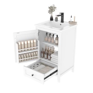 Meuble De Salle De Bain 1 Porte Et 1 Tiroir Silencieux Avec Lavabo Encastré, Blanc