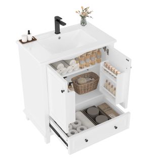 Meuble De Salle De Bain 2 Portes 1 Tiroir Avec Lavabo Intégré, Mdf Et Pieds Bois, Blanc