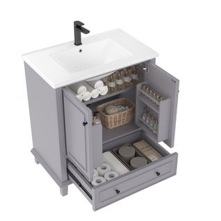 Meuble De Salle De Bain 2 Portes 1 Tiroir Avec Lavabo Intégré, Mdf + Vasque Céramique, Gris