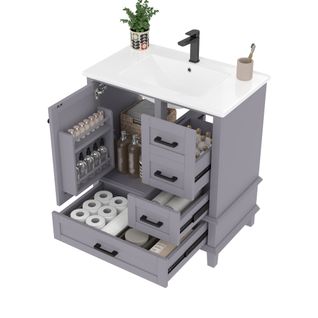 Meuble De Salle De Bain 3 Portes 1 Tiroir Silencieux Avec Lavabo Encastré, Mdf Et Pin Laqué, Gris