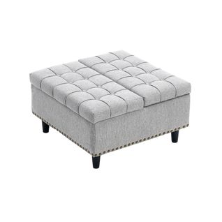 Banc Coffre 75x75x41 Cm, Coussin D'assise S'ouvrant Des 2 Côtés, Tissu En Lin Gris