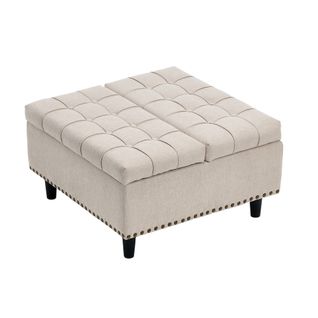 Banc Coffre 75x75x41 Cm, Coussin D'assise S'ouvrant Des 2 Côtés, Tissu En Lin Beige