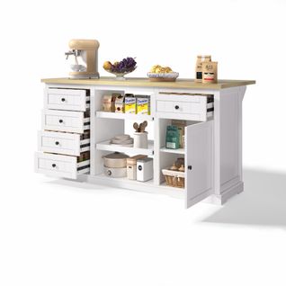 Îlot De Cuisine 150x65 X75,5 Cm, Avec Multiprise, 2 Étagères, 5 Tiroirs, 1 Porte, Mdf Blanc