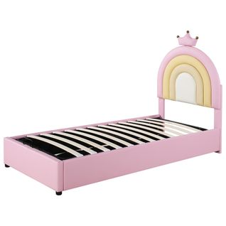Lit Enfant Lit Offre 90x200 Cm, Tête De Lit Réglable En Forme De Couronne, Pu Rose