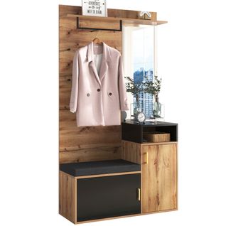 Meuble D'entrée 4 Patères, 1 Miroir, 1 Meuble à Chaussures, 1 Porte-manteau Et 1 Banc, Mdf Noir