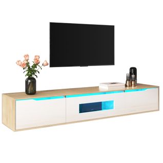 Meuble TV Bas à Accrocher 180x35x30 Cm Avec LED Et 3 Abattante Portes, Blanc Et Aggloméré Effet Bois