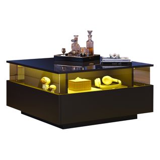 Table Basse 70x70x41cm, Finition Brillant, 2 Tiroirs Spacieux, LED Intelligent, En Pb, Noir