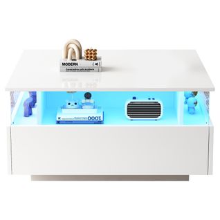 Table Basse 70x70x41cm, Finition Brillant, 2 Tiroirs, LED Intelligent, Stockage Creux, Pb, Blanc