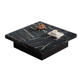 Table Basse Carrée 90x90x25cm, Motif Marbre, 4 Plateaux Coulissants, 4 Compartiments Caché, Pb, Noir