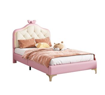 Lit Enfant 90x200cm, Lit Simple Avec LED, Cadre En Rose, Design En Forme D'onde, Pu+bois, Blanc+rose