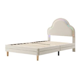 Lit Enfantlit Enfant 90x200cm, Lit Simple, LED, Ête De Lit En Forme De Nuage, Velours+bois, Beige