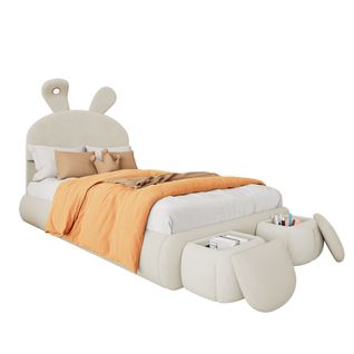 Lit Enfent 90x200cm Oreilles De Lapin à Luminosité Réglable, 2 Tabourets Rangement, Velours, Beige