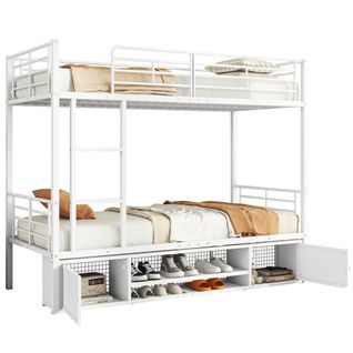 Lits Superposés 90x200cm, Échelle, Casier à Chaussures Ouvert, 2 Armoires Rangement, Métal, Blanc