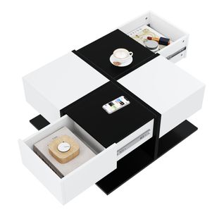 Table Basse Carrée Moderne 69,7 X 69,7 X 35,3 Cm, 2 Tiroirs, Design Bloc Noir Et Blanc