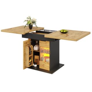 Table à Manger Extensible 140x80x76, Rectangulaire, 2 Portes, 1 Tiroir, LED, Mdf+verre, Noir+bois