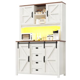 Buffet De Cuisine 115x24x174,7cm, Rangement, 4 Portes, 2 Tiroirs, LED, Mdf+métal, Blanc+bois