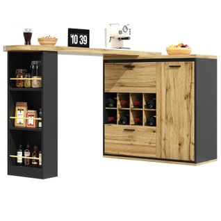 Bar 138x39x105cm, 2 Tiroirs, 1 Porte, Étagère à Vin, Plateau Extensible, Mdf+métal, Bois+noir