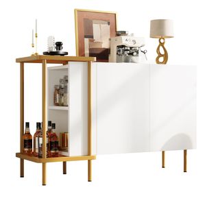 Buffet Bas 120x40x77.5cm, Armoire De Rangement, 2 Plateaux, 2 Portes, Pb, Verre Trempée, Blanc, Doré