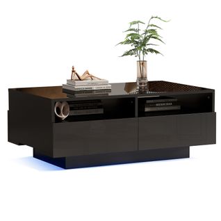 Table Basse 90x55x35 Cm Avec Éclairage LED, Ports USB, 4 Tiroirs, Panneau De Particules Noir