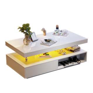Table Basse 95x50x42,5 Cm Avec 4 Plateaux En Verre, LED, 2 Tiroirs, 2 Étagères Ouvertes, Blanc