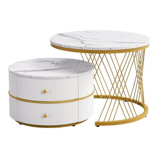 Lot De 2 Table Basse Minimaliste Et Élégante Avec Deux Tiroirs, Finition Marbre, Blanc Et Doré, Mdf