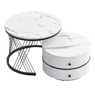 Lot De 2 Table Basse Minimaliste Et Élégante Avec Deux Tiroirs, Finition Marbre, Blanc Et Noir, Mdf