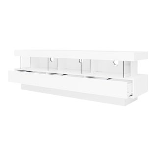 Meuble TV Bas à Poser 160x38x50,5 Cm Avec 3 Compartiments En Verre, 3 Tiroirs, LED, Blanc