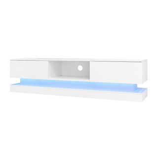 Meuble TV Bas à Poser 160x35x40,5 Cm Avec 2 Tiroirs, 1 Compartiment Ouvert, Éclairage LED, Blanc