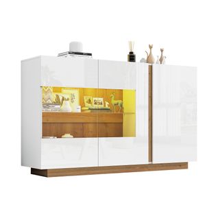 Buffet 138x38x90,5 Cm, Avec 2 Portes Vitrées, 1 Porte, LED, Panneau De Particules Blanc